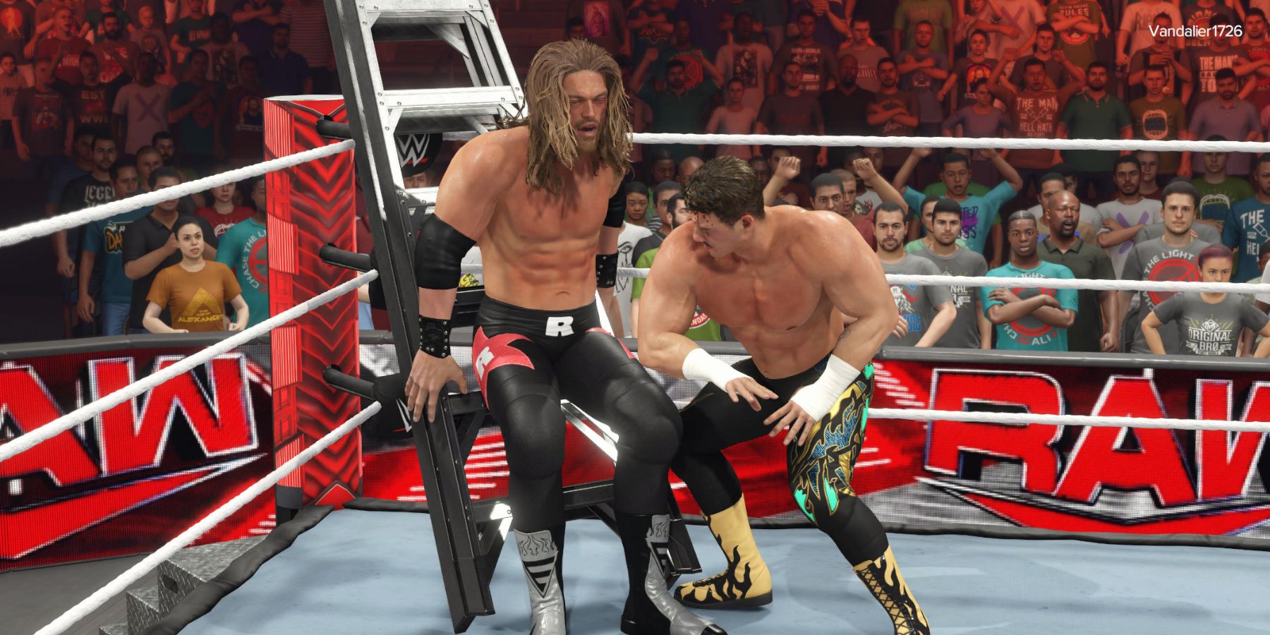 WWE 2K23 Eddie chops Edge on the ladder