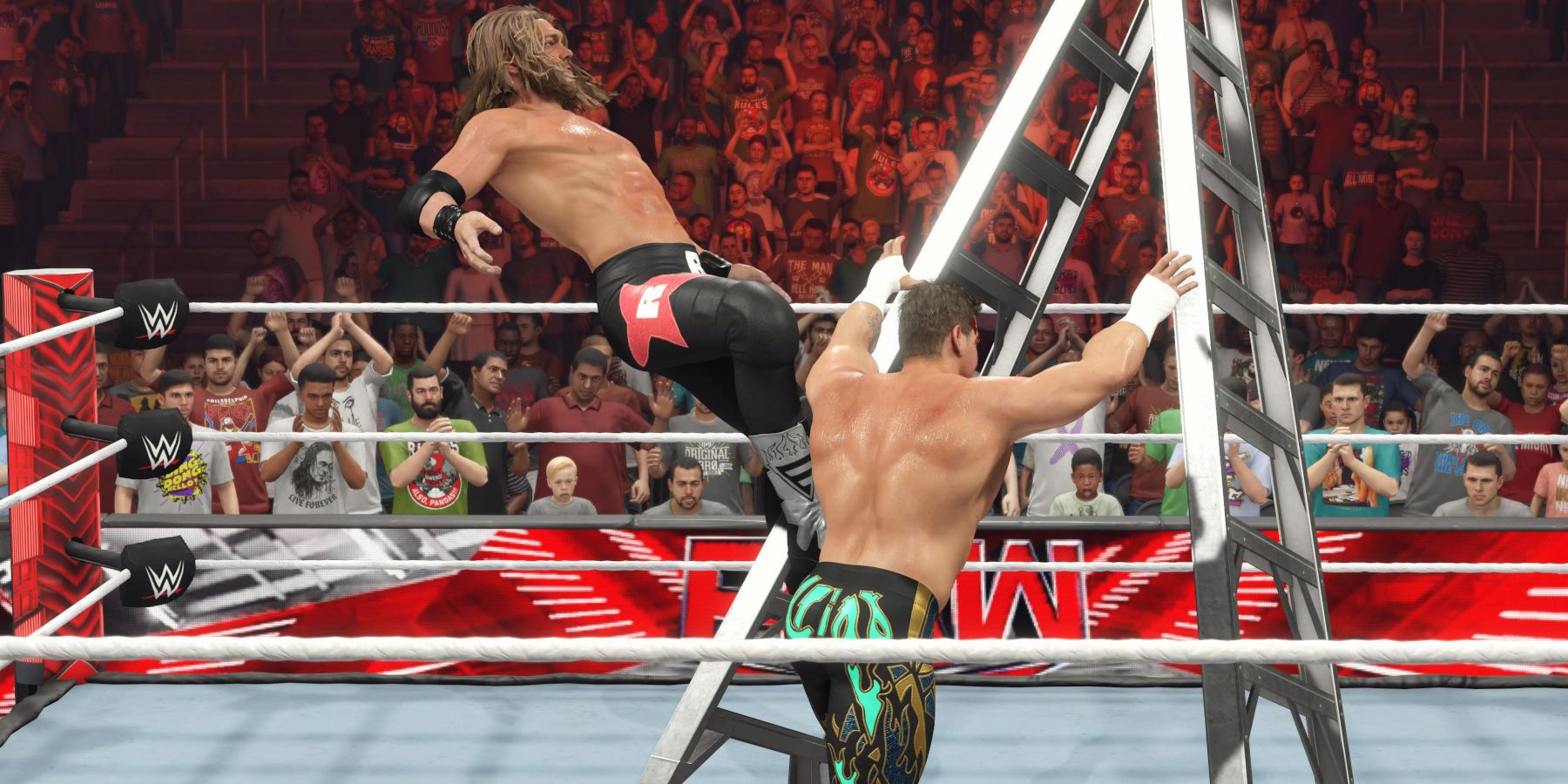 WWE 2K23 Eddie pushing Edge from the ladder