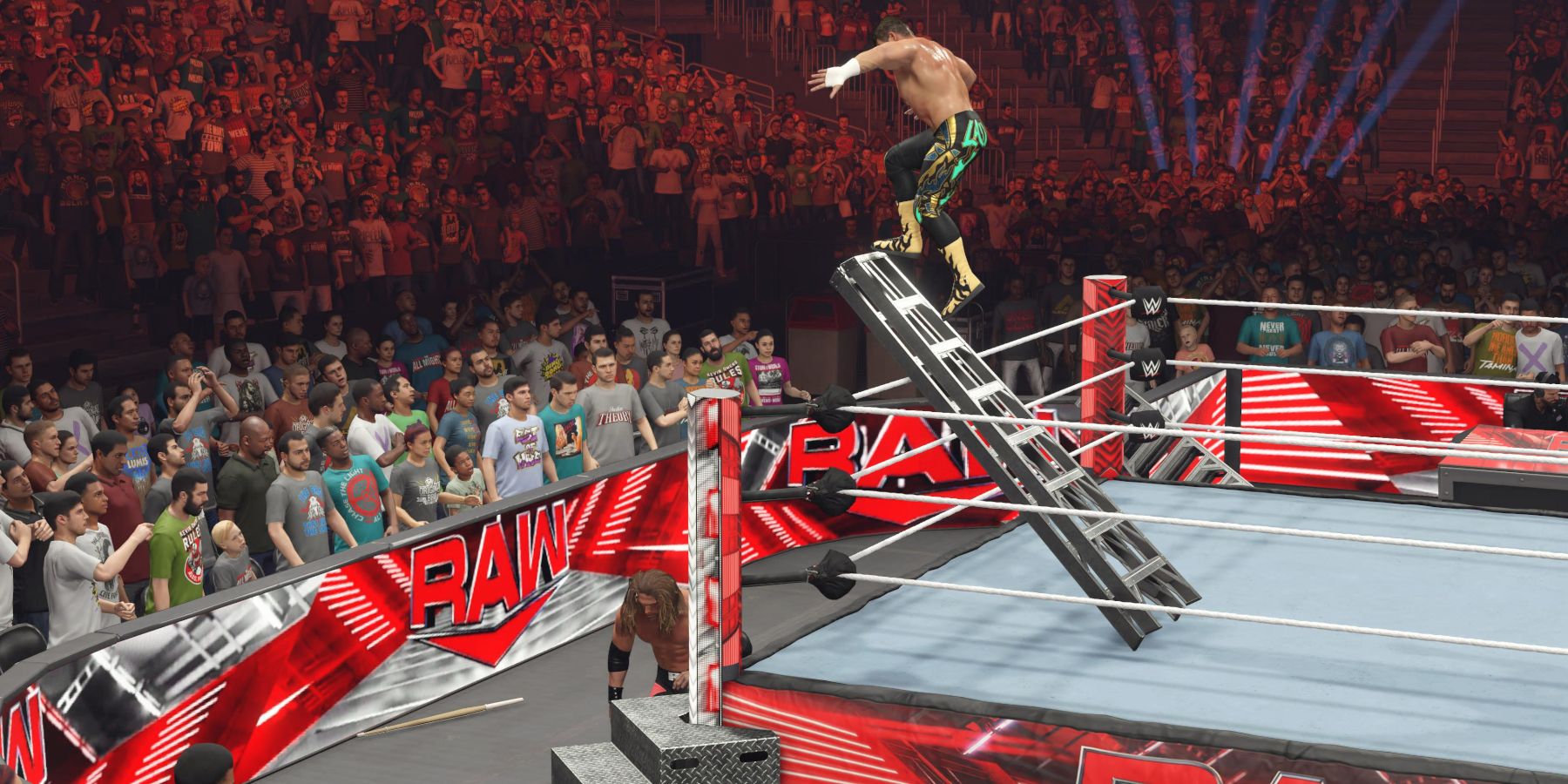 WWE 2K23 Eddie running dive to Edge from the ladder