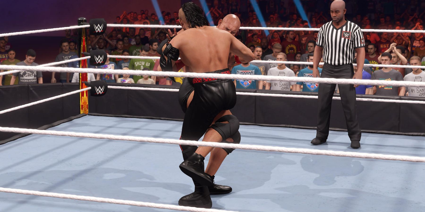 WWE 2K23 Goldberg tripping after catching the leg