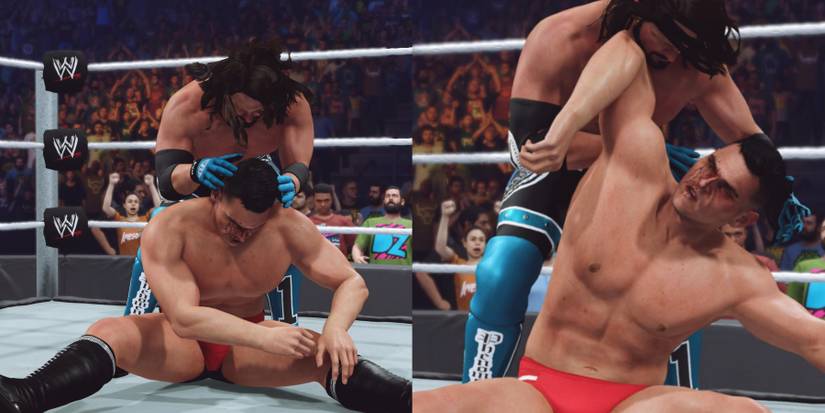 WWE 2K23 Gunther reversing AJ's grapple on the ground