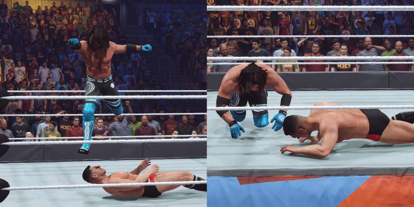 WWE 2K23 Gunther rolling out of the way from AJ's attack