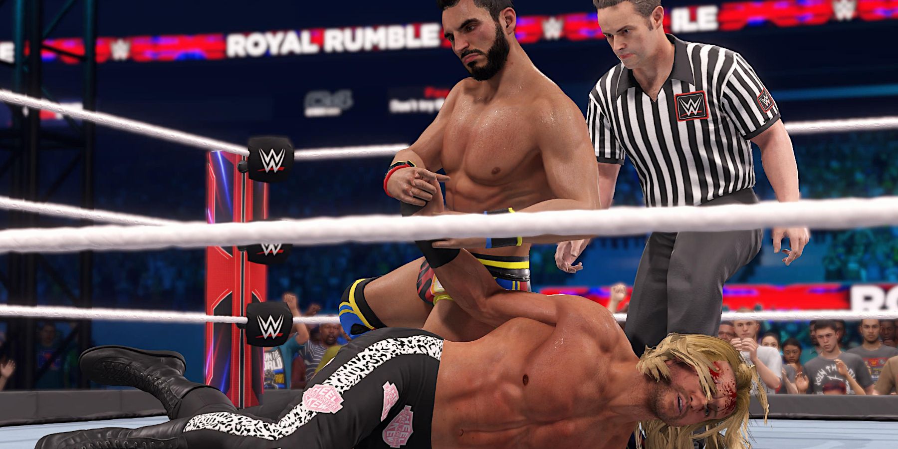 WWE 2K23 Johnny Gargano with a submission move on Ziggler