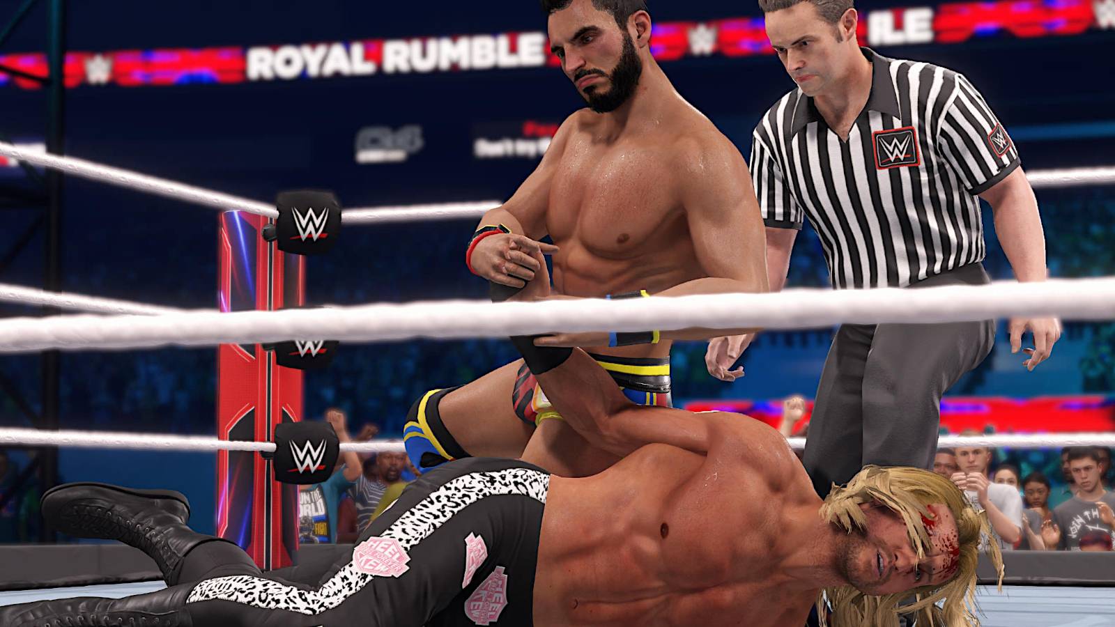 WWE 2K23 Johnny Gargano with a submission move on Ziggler