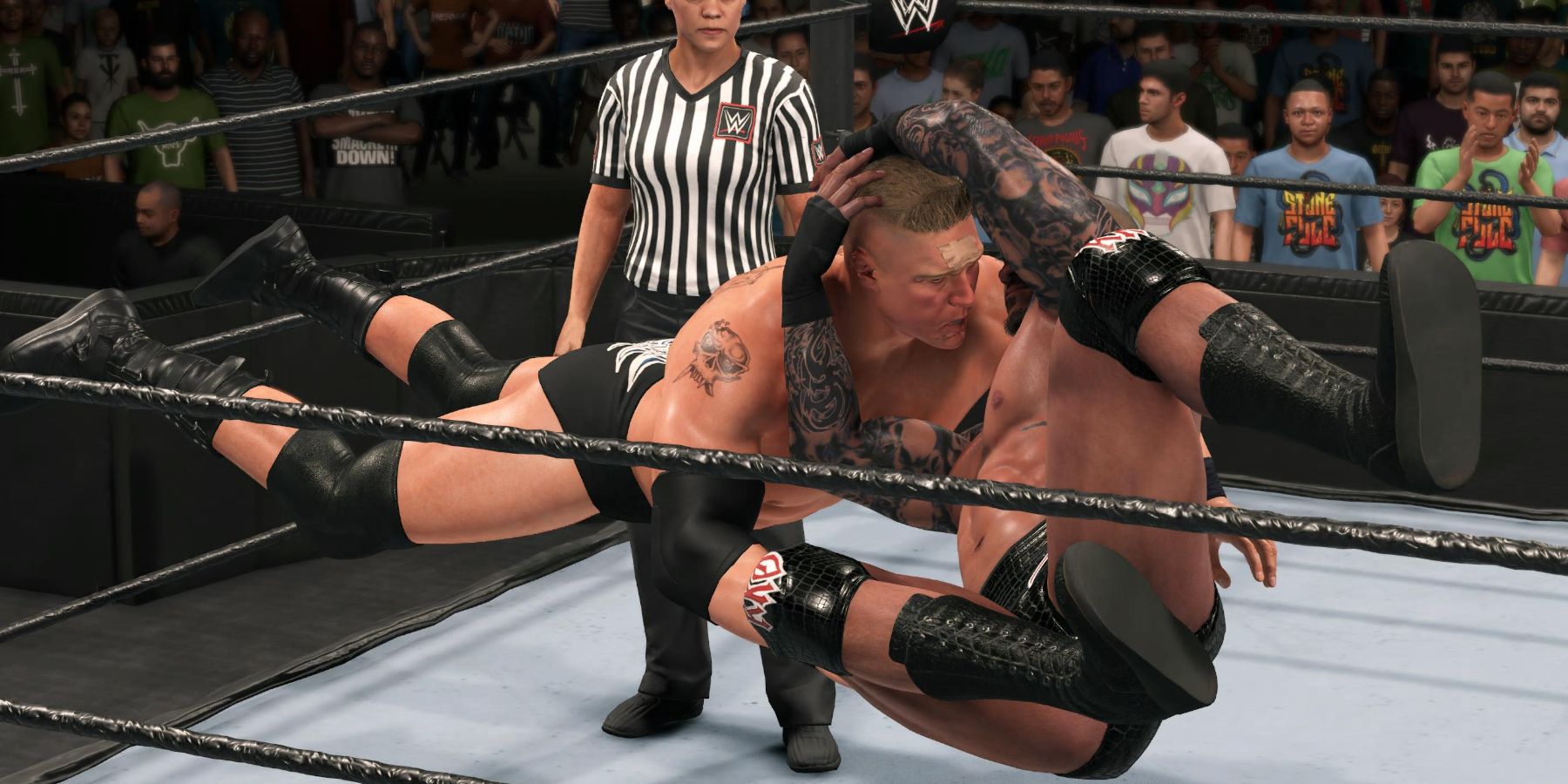 WWE 2k23 Randy Orton with the rebound catch finisher on Brock Lesnar