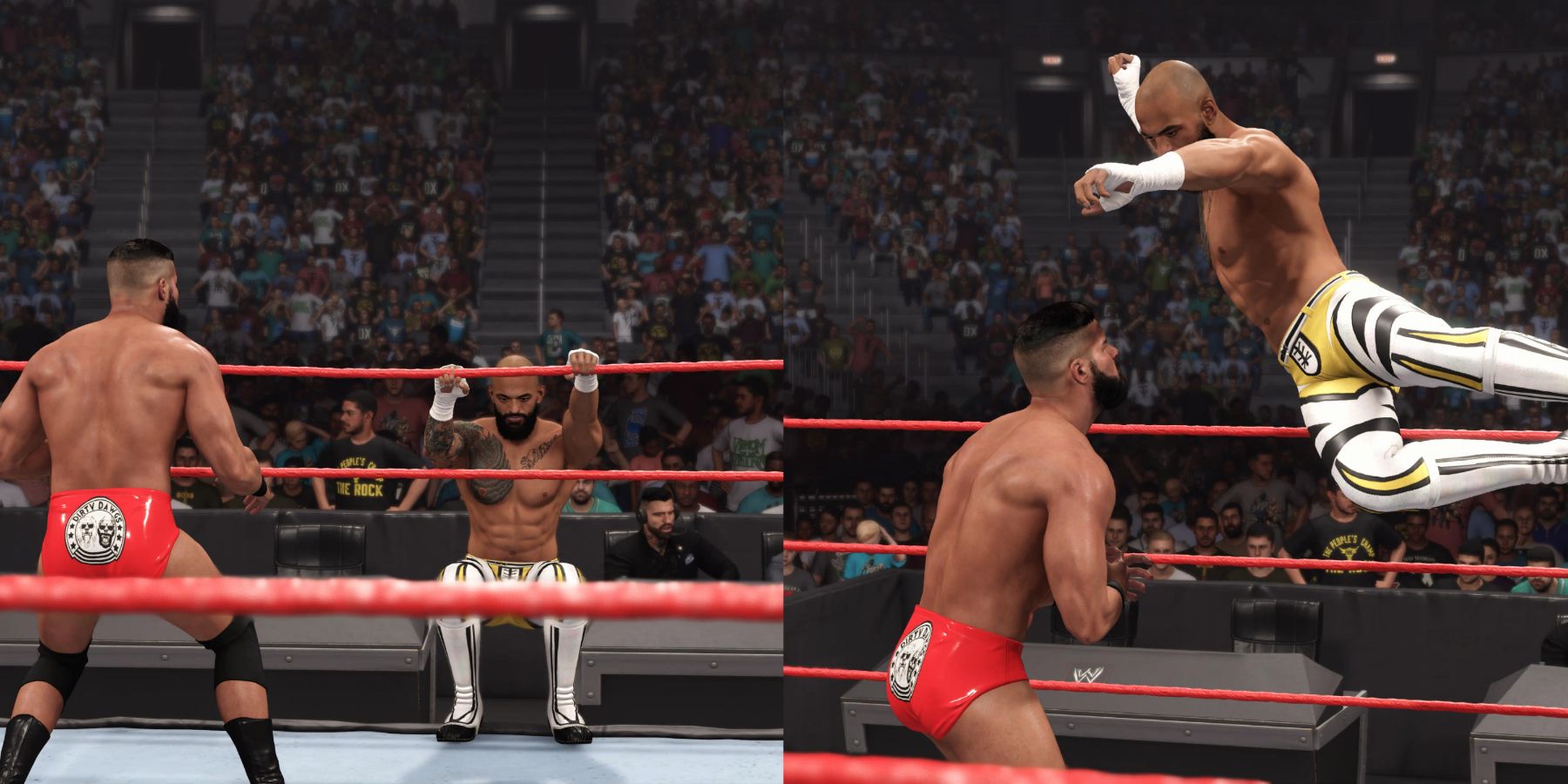 WWE 2K23 Ricochet with the springbaord from the apron to inside