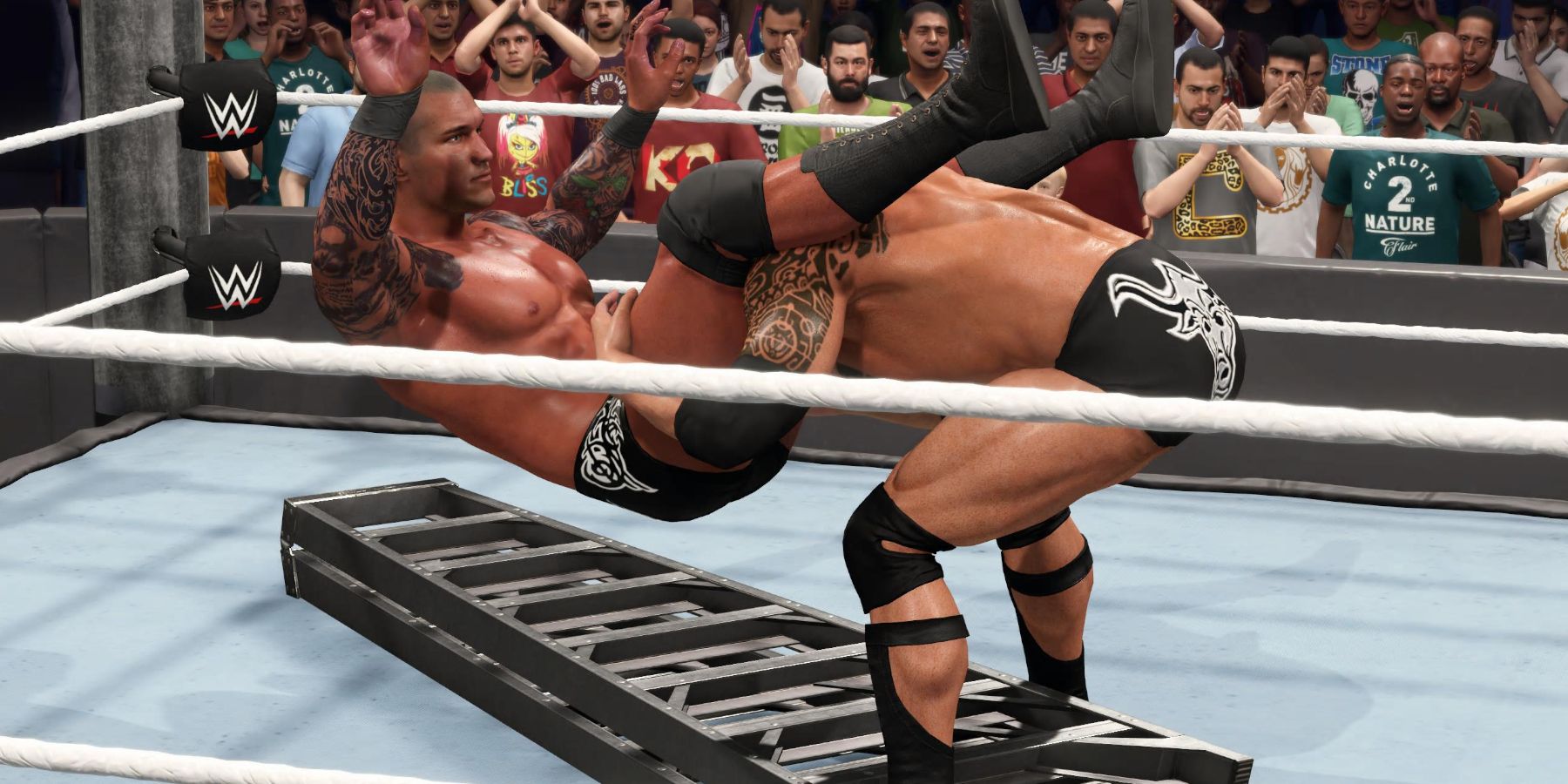 WWE 2K23 Rock powerbombs Orton on to the ladder