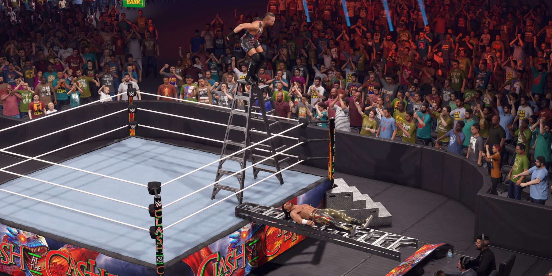 WWE 2K23 RVD diving from the ladder