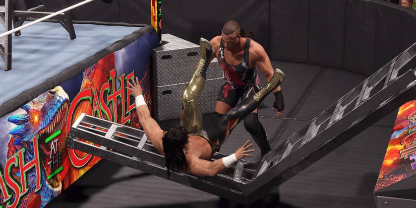 WWE 2K23 RVD powerbombs Eddie through the ladder