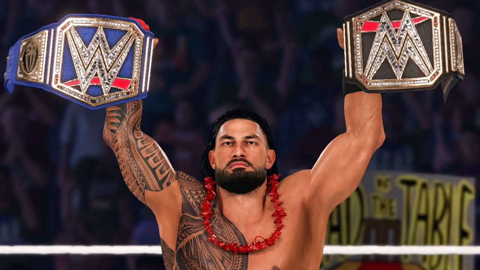 A screenshot from WWE 2K23 ofRoman Reigns holding his Undisputed World titles.