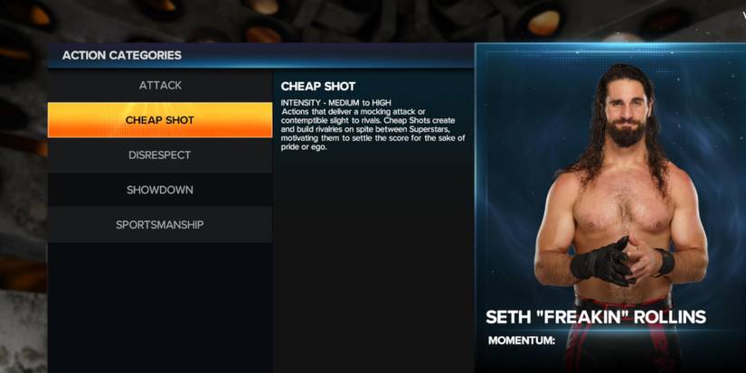 WWE 2K23 selecting the rivalry action for Seth Rollins