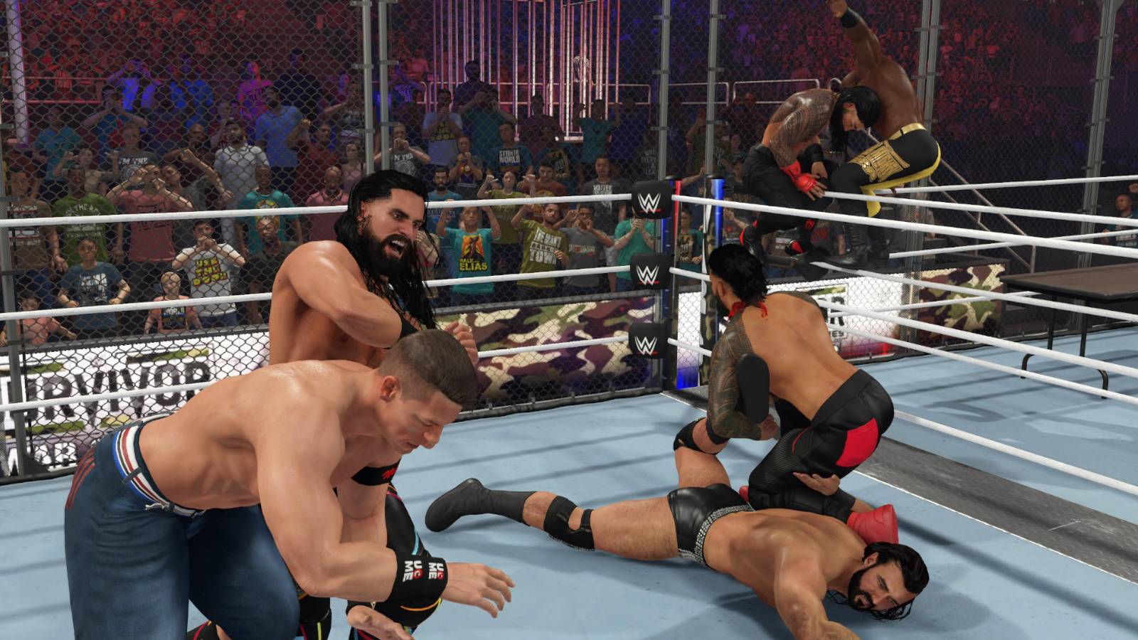WWE 2K23 Seth Rollins, Cena,  Drew, Uso, Roman, and Lashley in WarGames