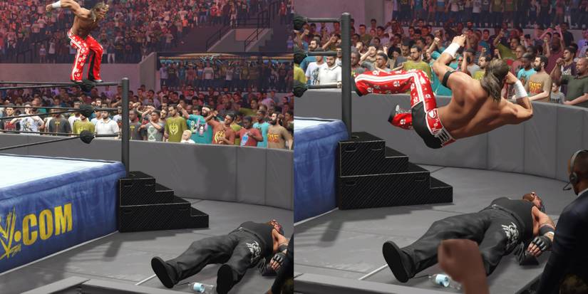 WWE 2k23 Shawn Michael withe diving elbow through the announcer's table