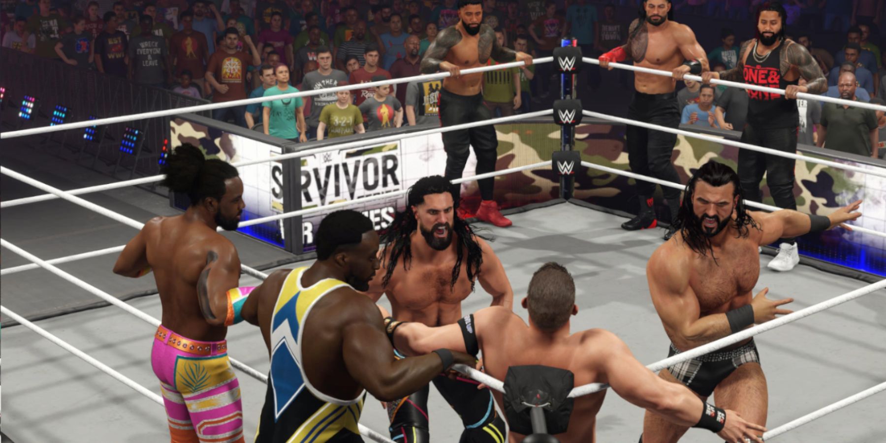 WWE 2K23 Survivor Series match double team from Rollins and Drew