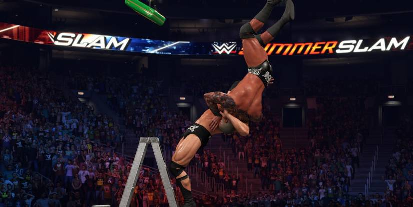 WWE 2K23 The Rock with a suplex from the ladder