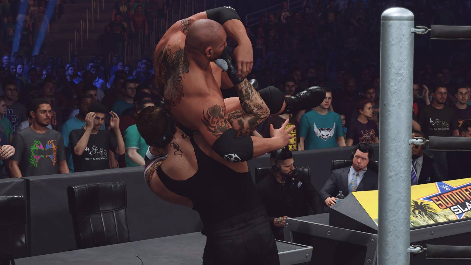 WWE 2K23 Undertaker hitting the Finisher through the annoucner's table