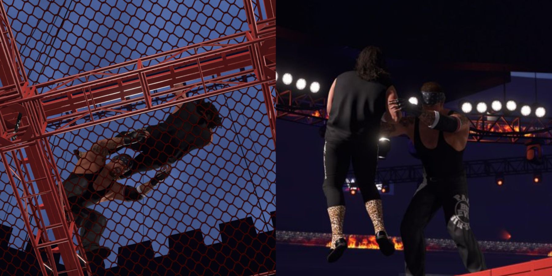 WWE 2K23 Undertaker thowing Cactus Jack through and from the Cell