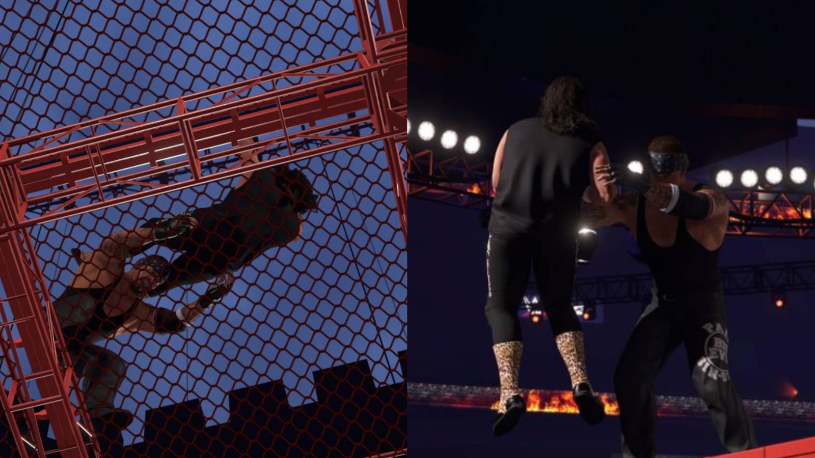WWE 2K23 Undertaker thowing Cactus Jack through and from the Cell