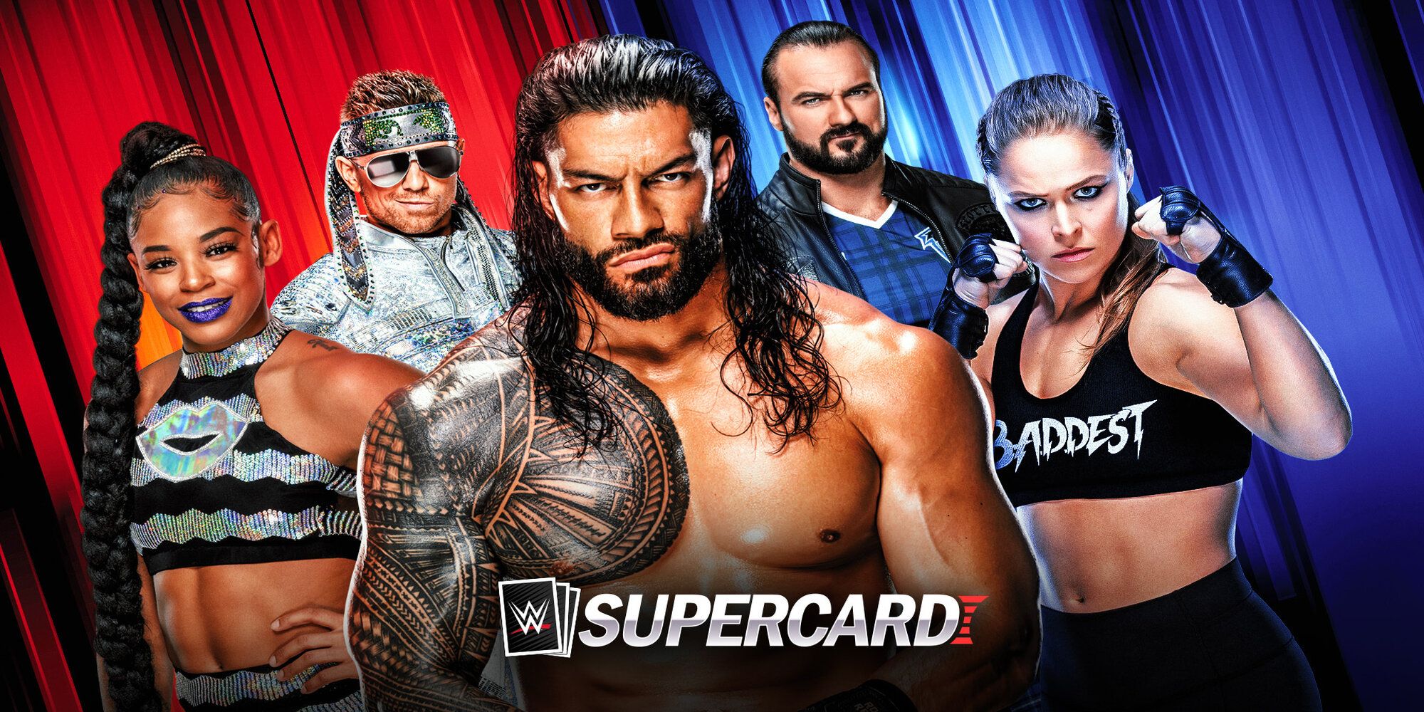 wwe supercard game featuring Roman Reigns, Bianca Belair, Ronda Rousey, The Miz, and announcer Michael Cole