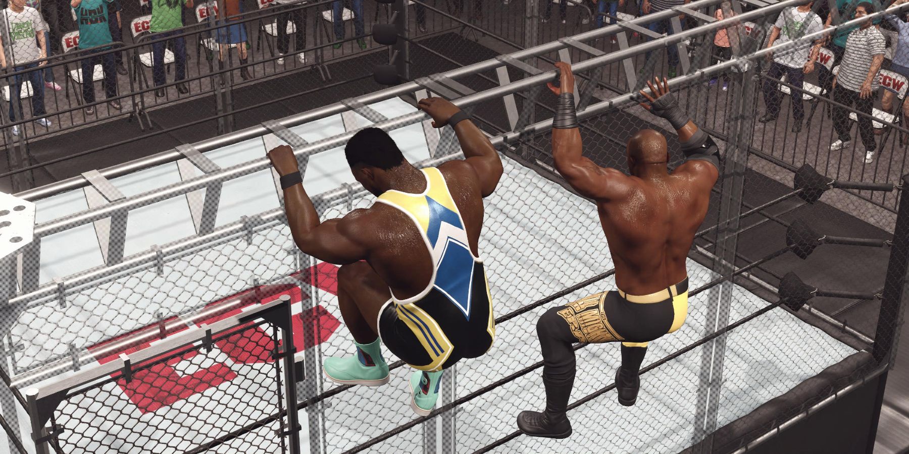 WWE2K23 Bobby Lashley and Big E trying to escape the cage