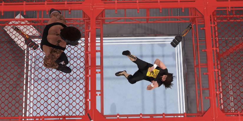 WWE2K23 Cactus falling through the cell roof