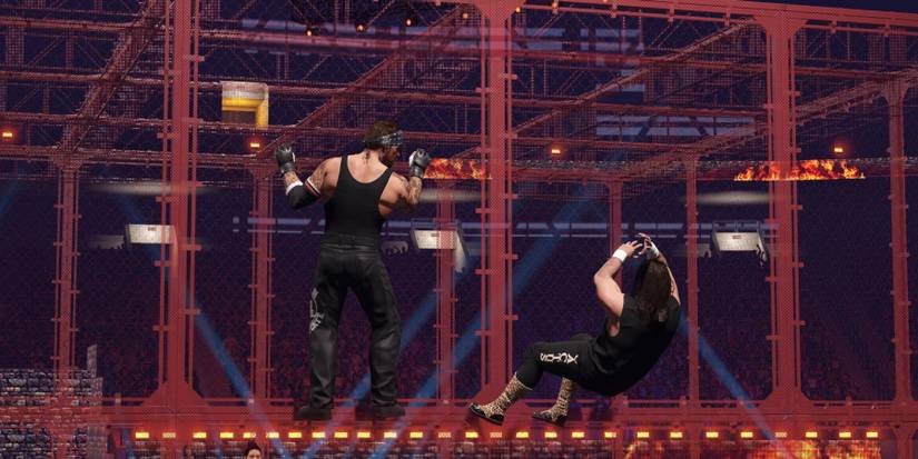 WWE2K23 Undertaker. throws Cactus from the cell wall