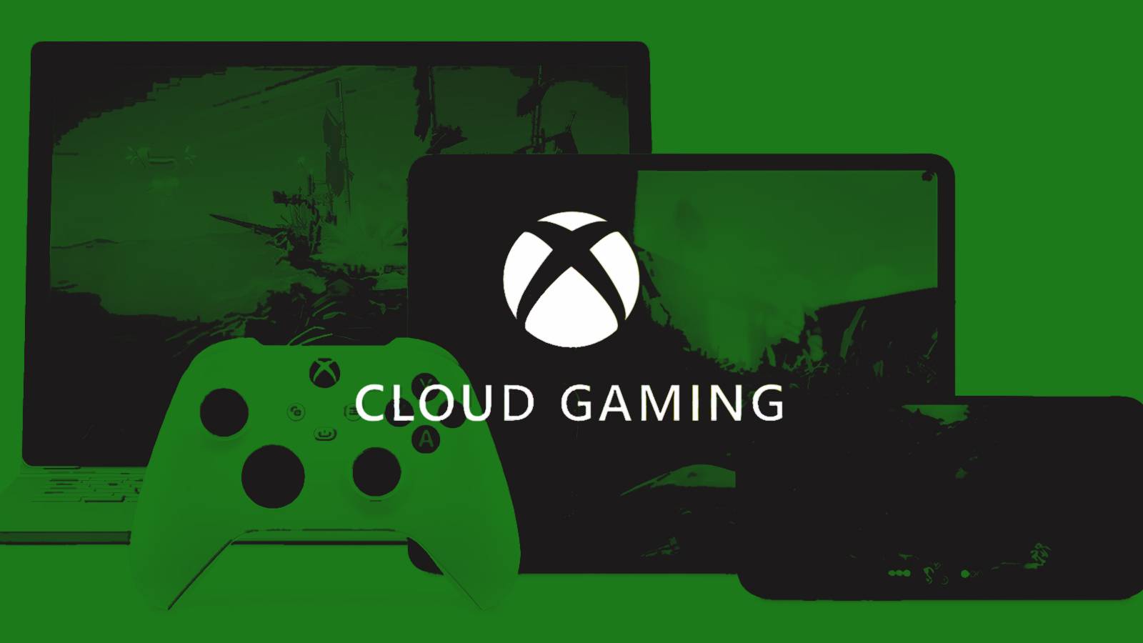 Xbox Cloud Gaming logo over stylized laptop tablet smartphone