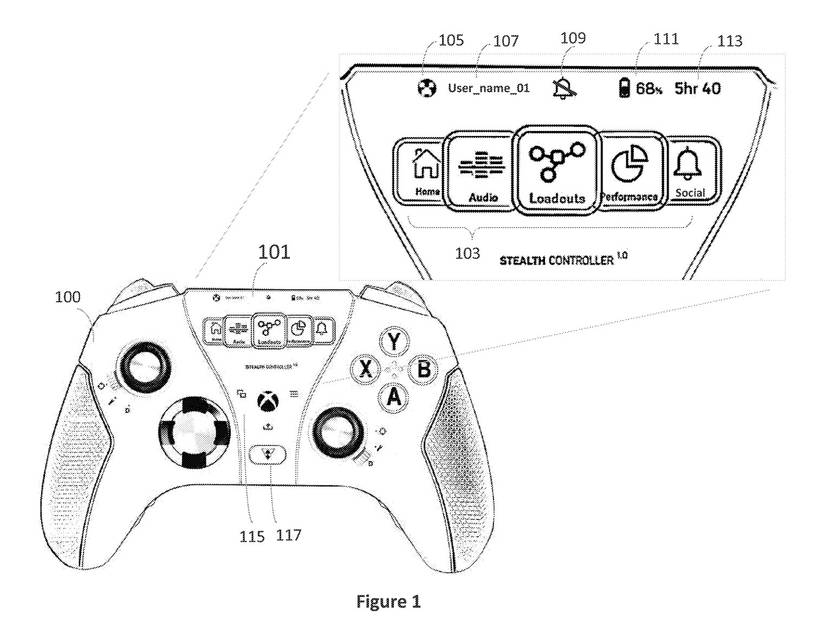 An image of a recent Microsoft patent for an Xbox controller that can save custom loadouts.