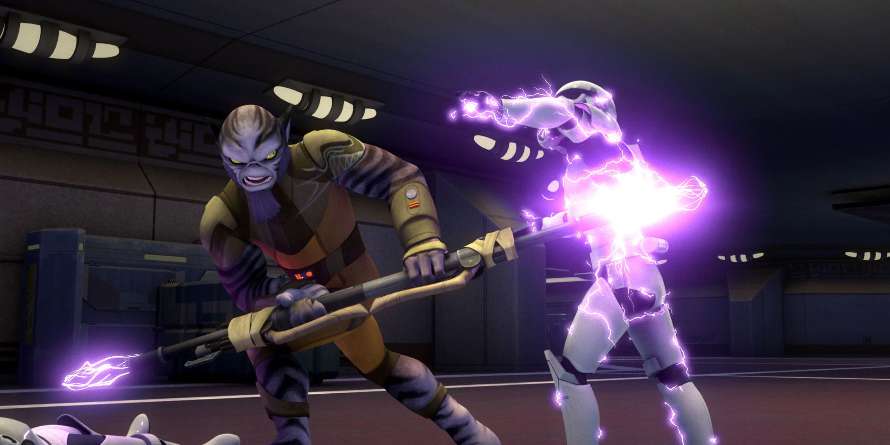 Zeb uses a staff to fight a stormtrooper