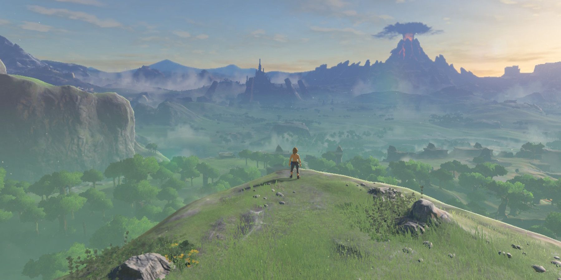 Link stands on a cliff in The Legend of Zelda: Breath of the Wild