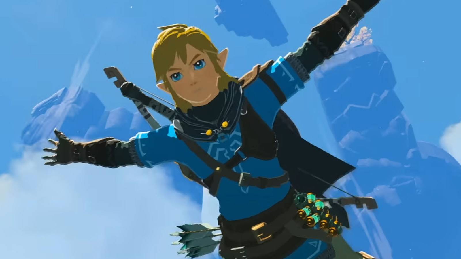 A screenshot of Link diving off of a Sky Island in The Legend of Zelda: Tears of the Kingdom.