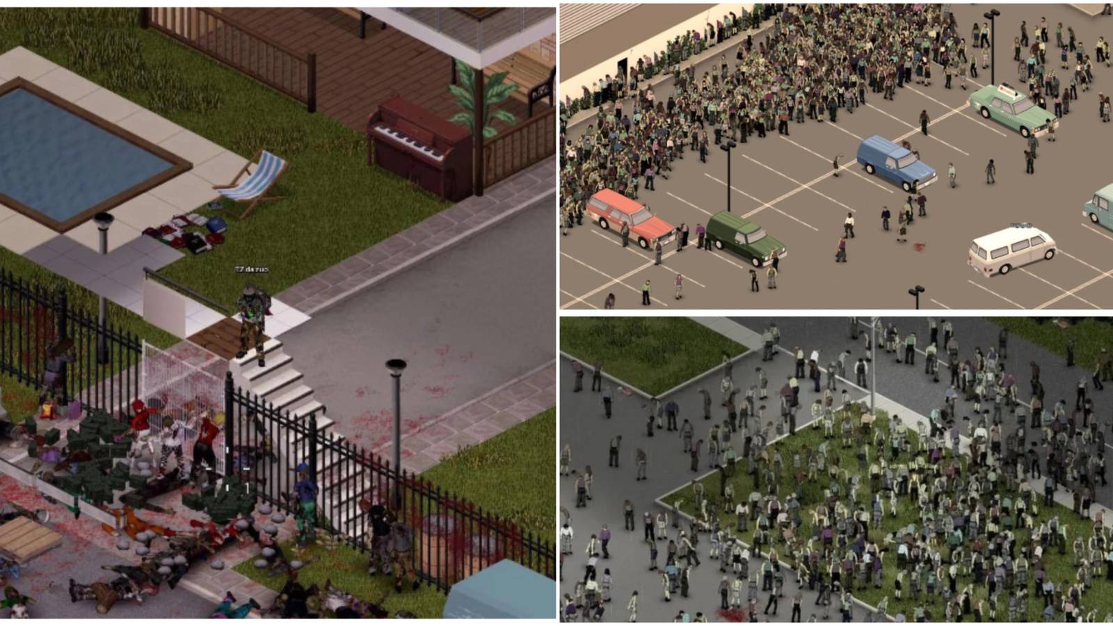 Split image of three hordes of zombies in Project Zomboid