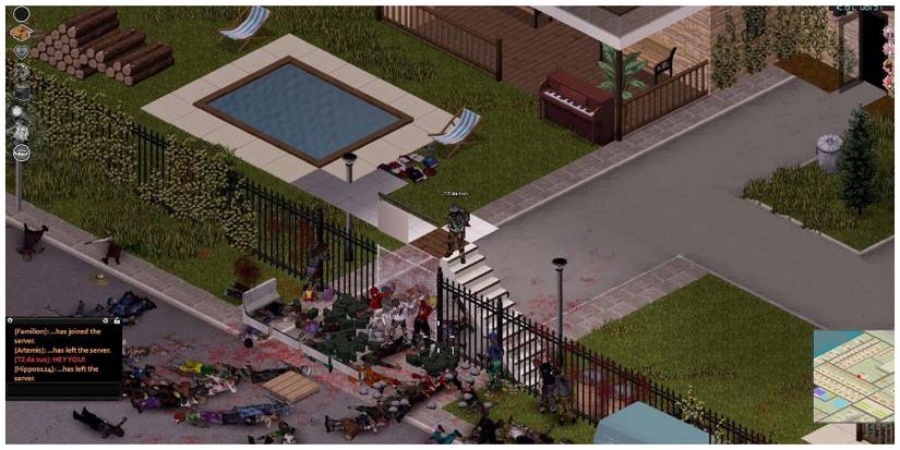 Zombies attacking the protagonist who is standing at the top of a wall in Project Zomboid