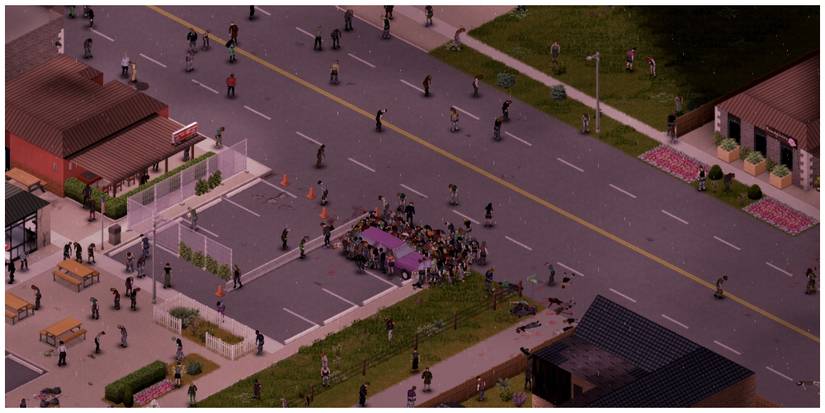 Zombies swarming a car in Project Zomboid