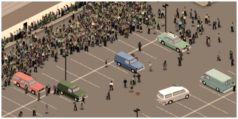 A swarm of zombies in a parking lot in Project Zomboid