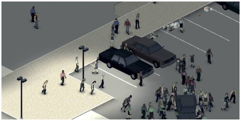 Zombies in a parking lot in Project Zomboid