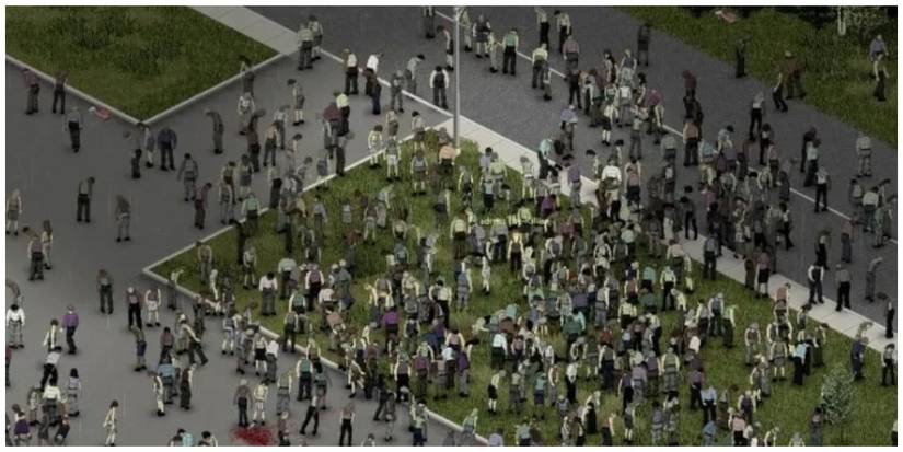 A horde of zombies in Project Zomboid