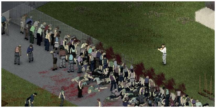 The protagonist shooting at an attacking horde of zombies in Project Zomboid