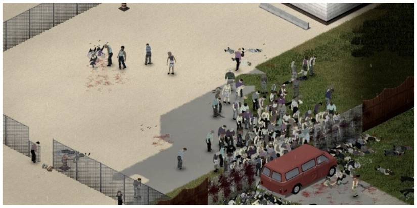 Zombies swarming through a fence in Project Zomboid