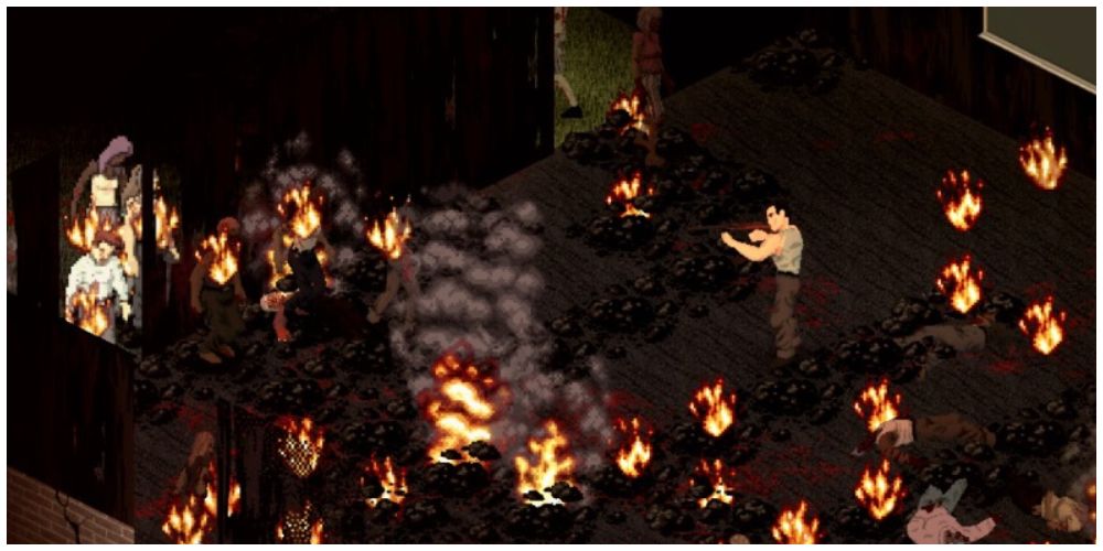 The protagonist in a burning room shooting at zombies in Project Zomboid