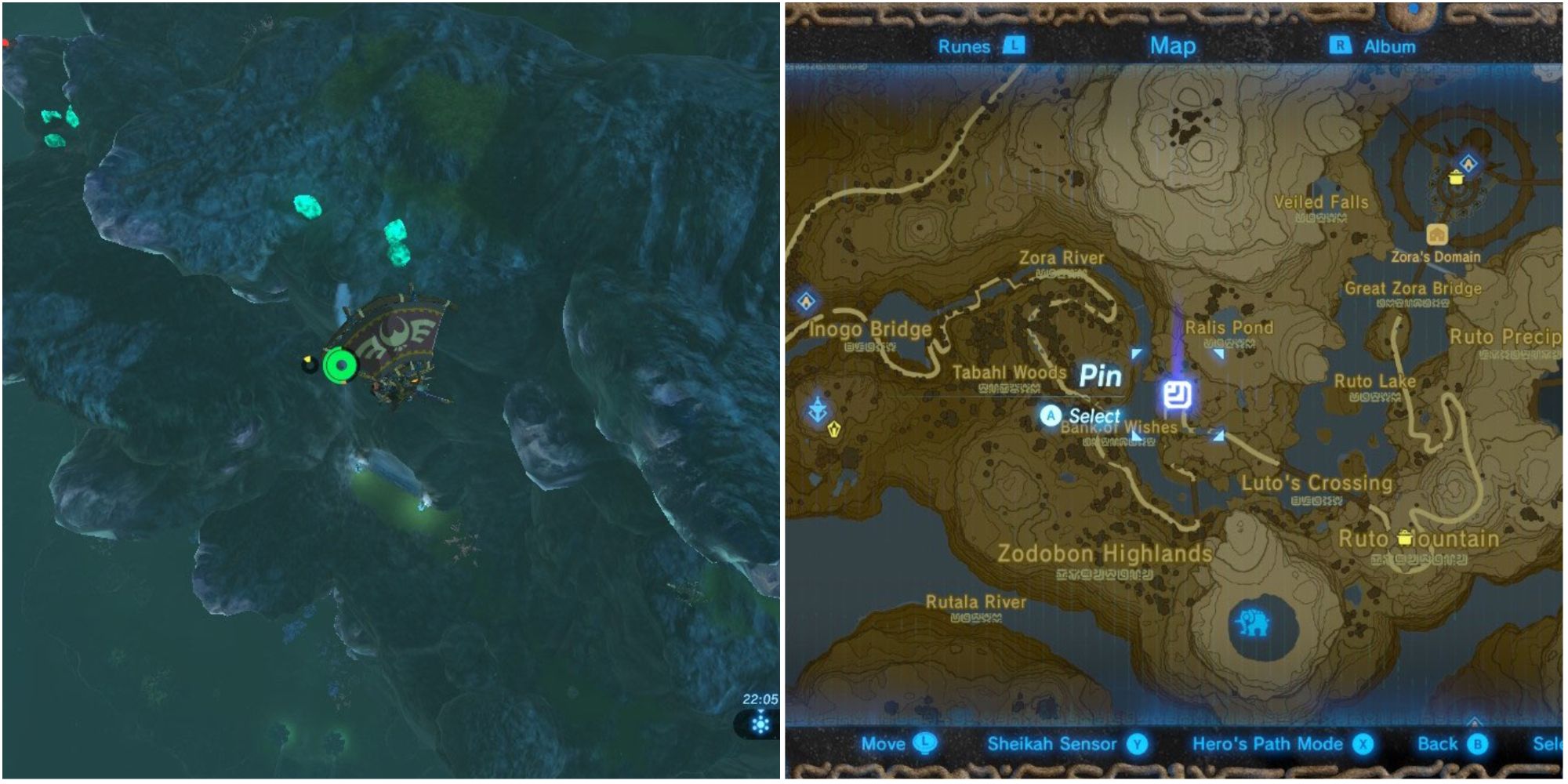 split screen of breath of the wild - link paragliding over luminous stones, location on the map