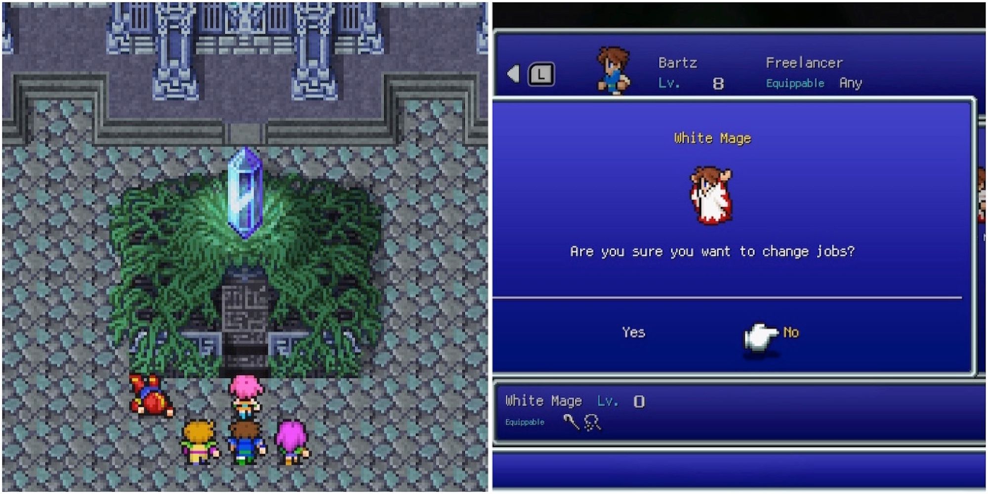 A cutscene featuring characters and Bartz as a White Mage in Final Fantasy 5
