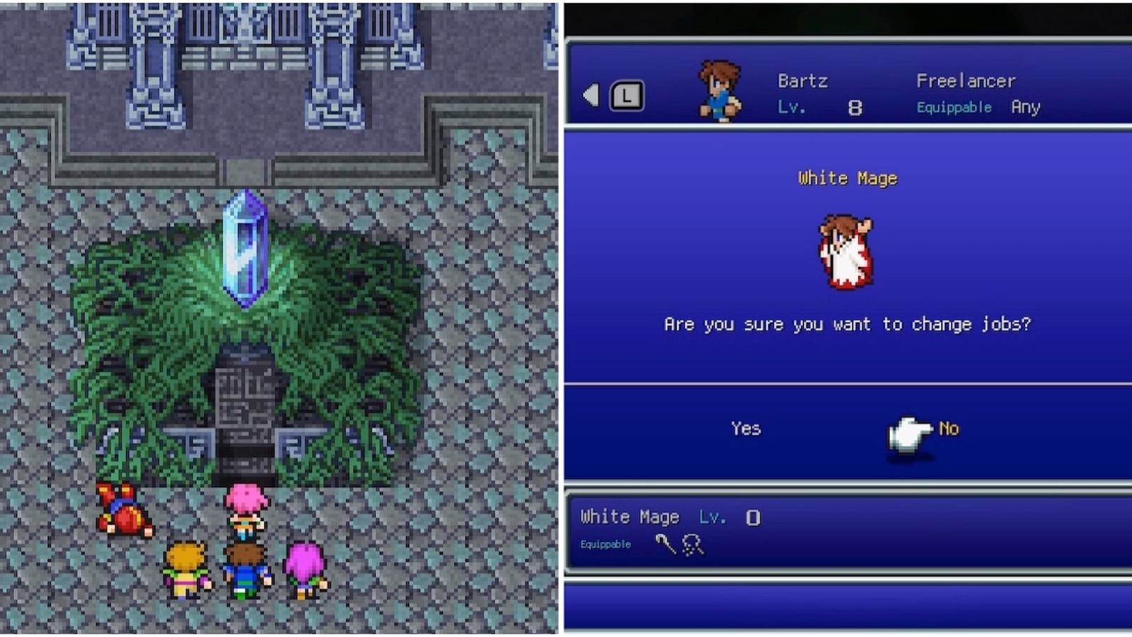 A cutscene featuring characters and Bartz as a White Mage in Final Fantasy 5