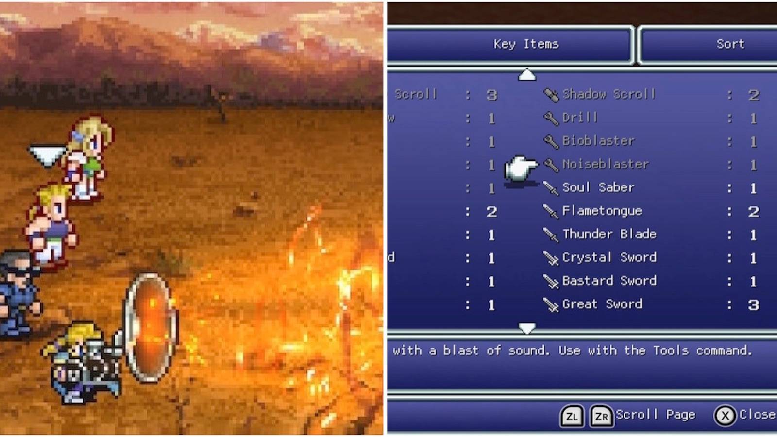 Edgar attacking with Noiseblaster and Noiseblaster in the menu in Final Fantasy 6