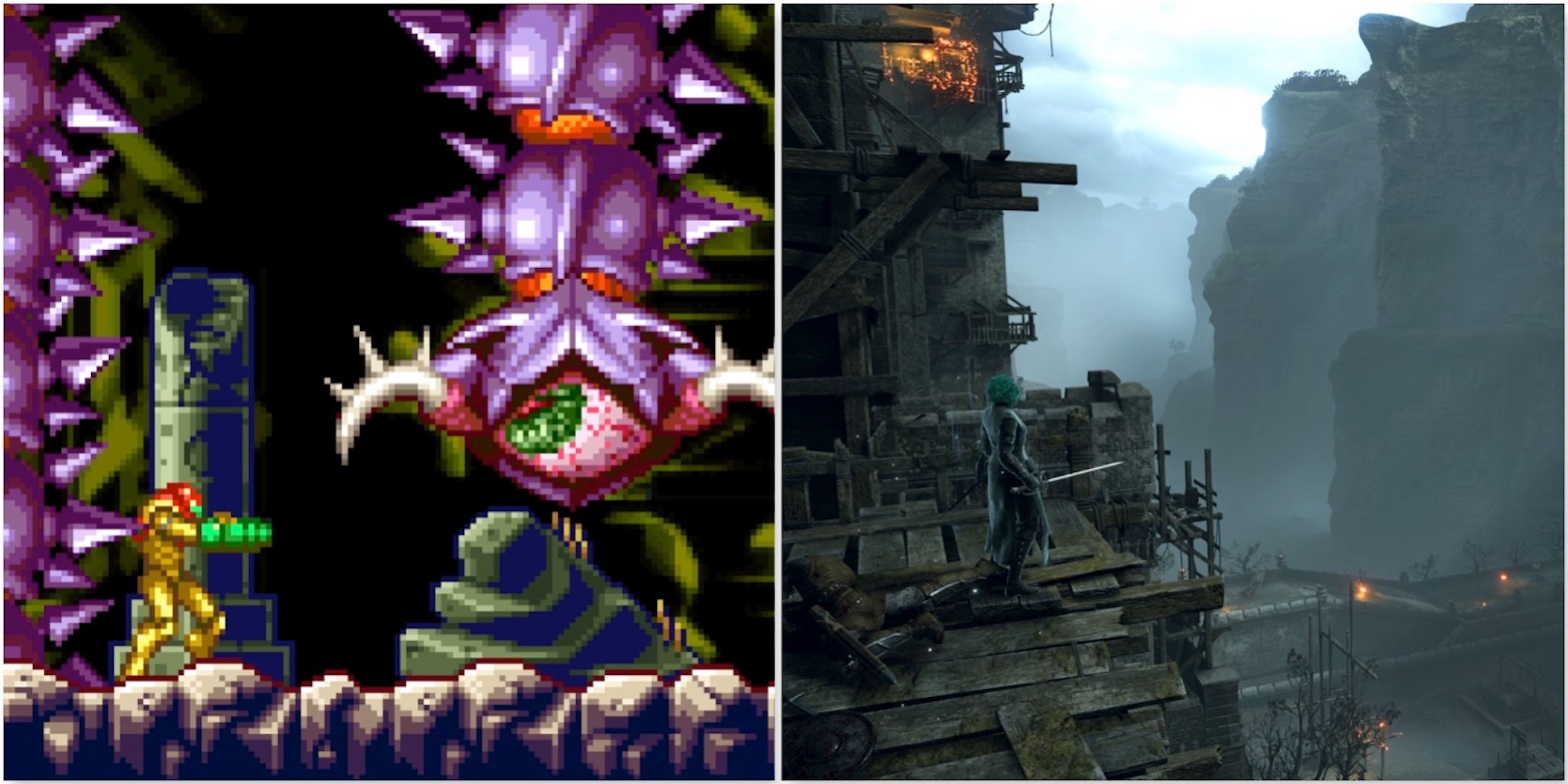 Fighting a boss in Metroid Zero Mission and exploring the world in Demon’s Souls
