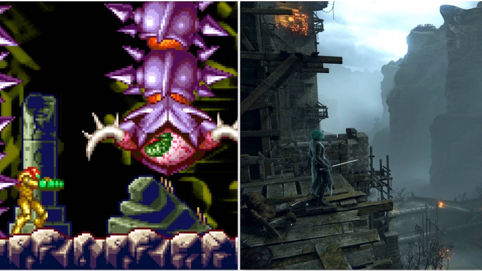 Fighting a boss in Metroid Zero Mission and exploring the world in Demon’s Souls