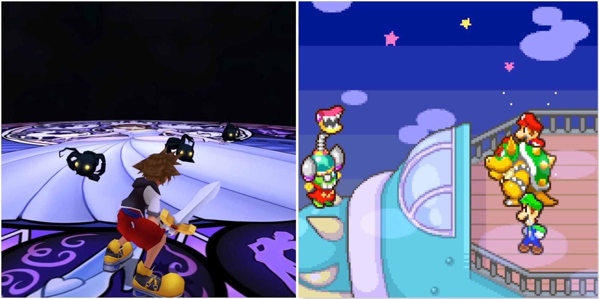 Fighting enemies in Kingdom Hearts and A scene featuring characters in Mario & Luigi Superstar Saga