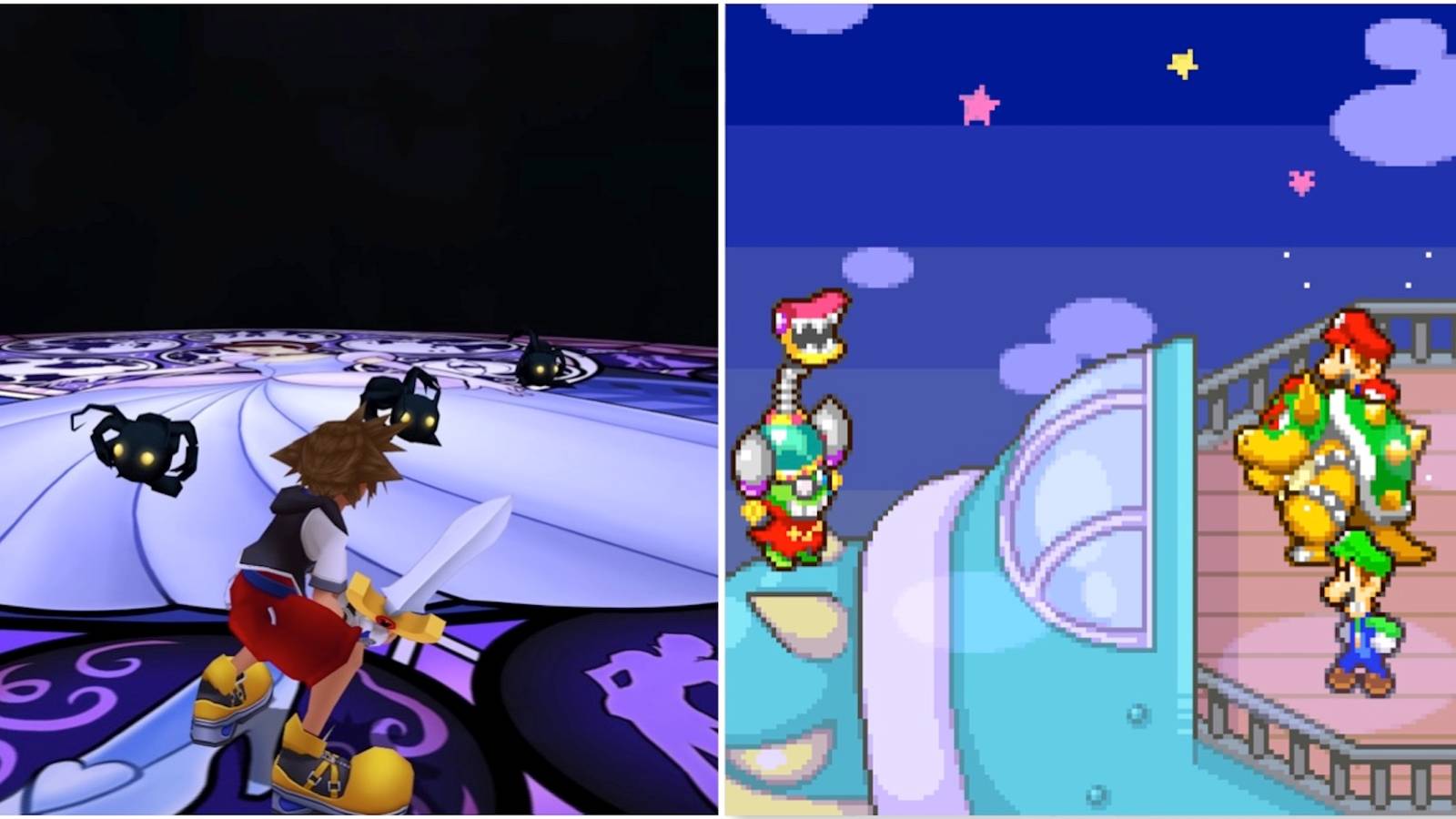Fighting enemies in Kingdom Hearts and A scene featuring characters in Mario & Luigi Superstar Saga