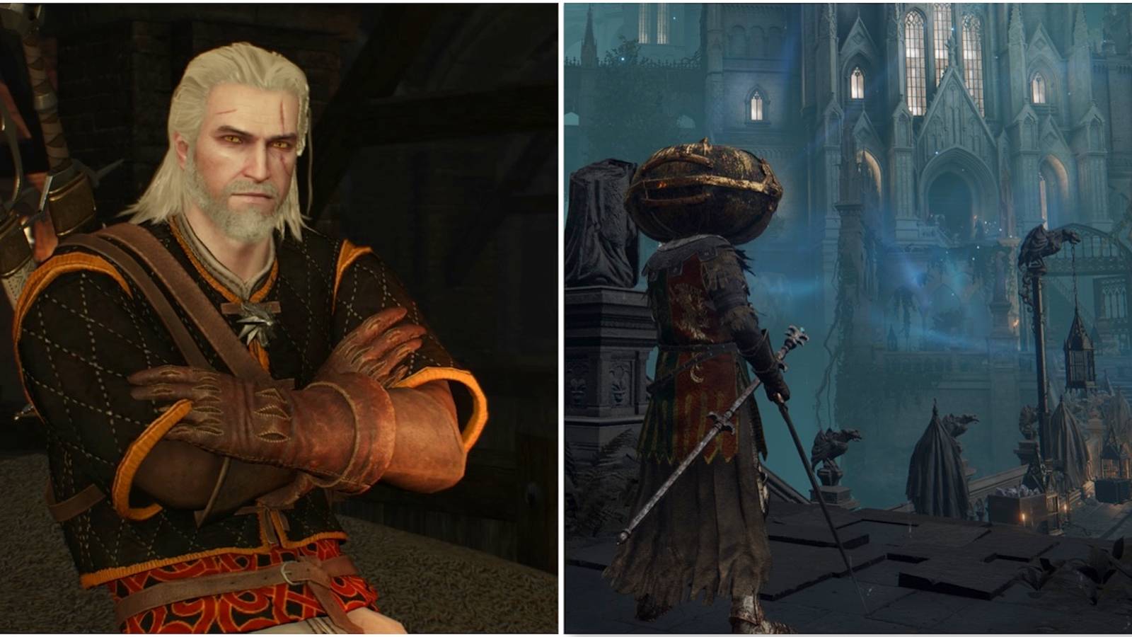 Geralt in The Witcher 3 and exploring the world in Elden Ring