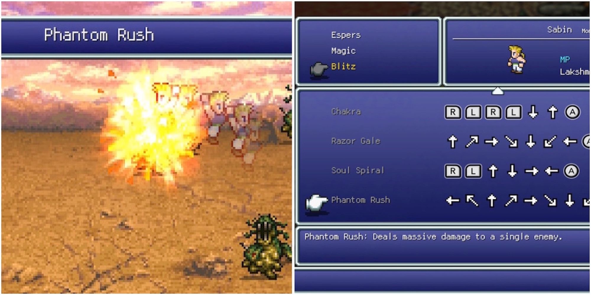 Sabin attacking with Phantom Rush and Phantom Rush in the menu in Final Fantasy 6